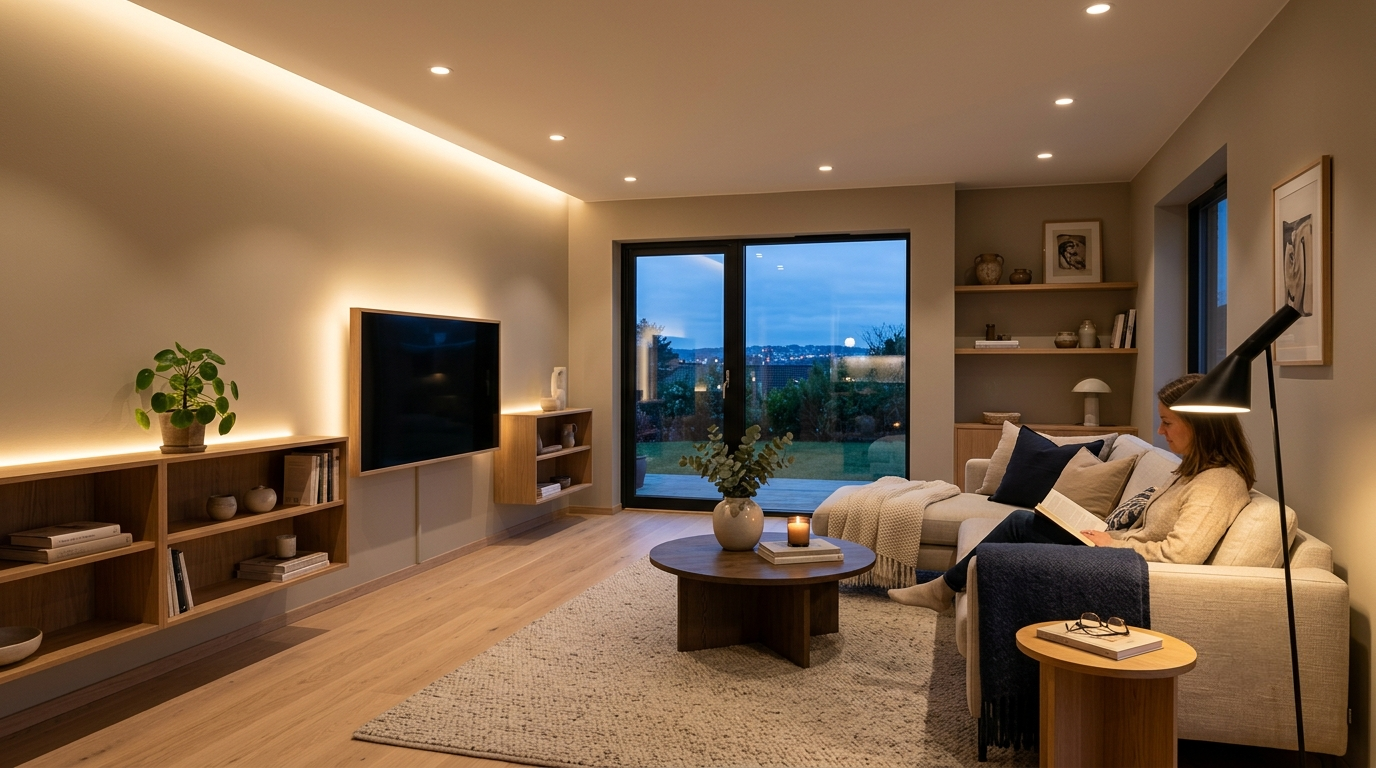 Modern beleuchtetes Wohnzimmer mit indirekter LED-Beleuchtung, Deckenlicht und Stehleuchte
