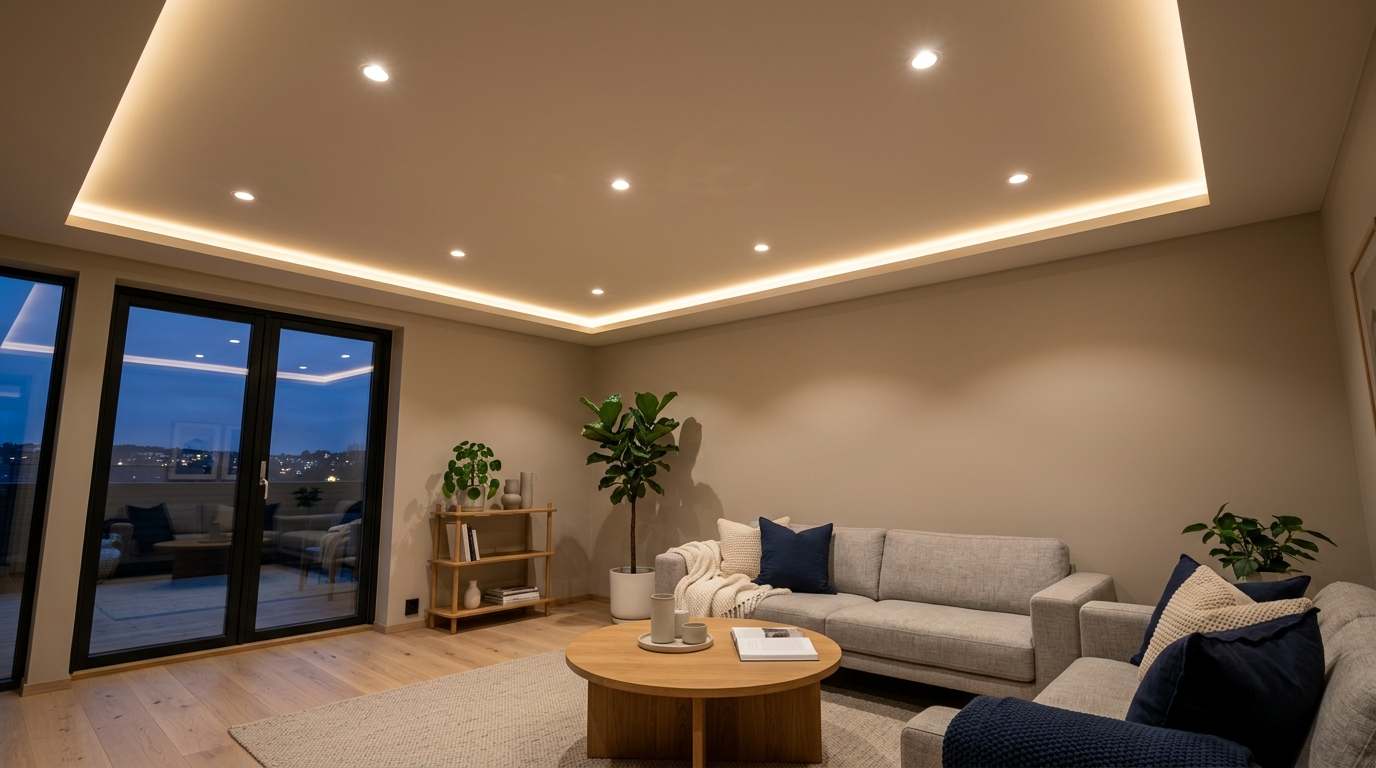 Wohnzimmerdecke mit gleichmäßig verteilten LED-Einbauspots und indirekter Deckenbeleuchtung