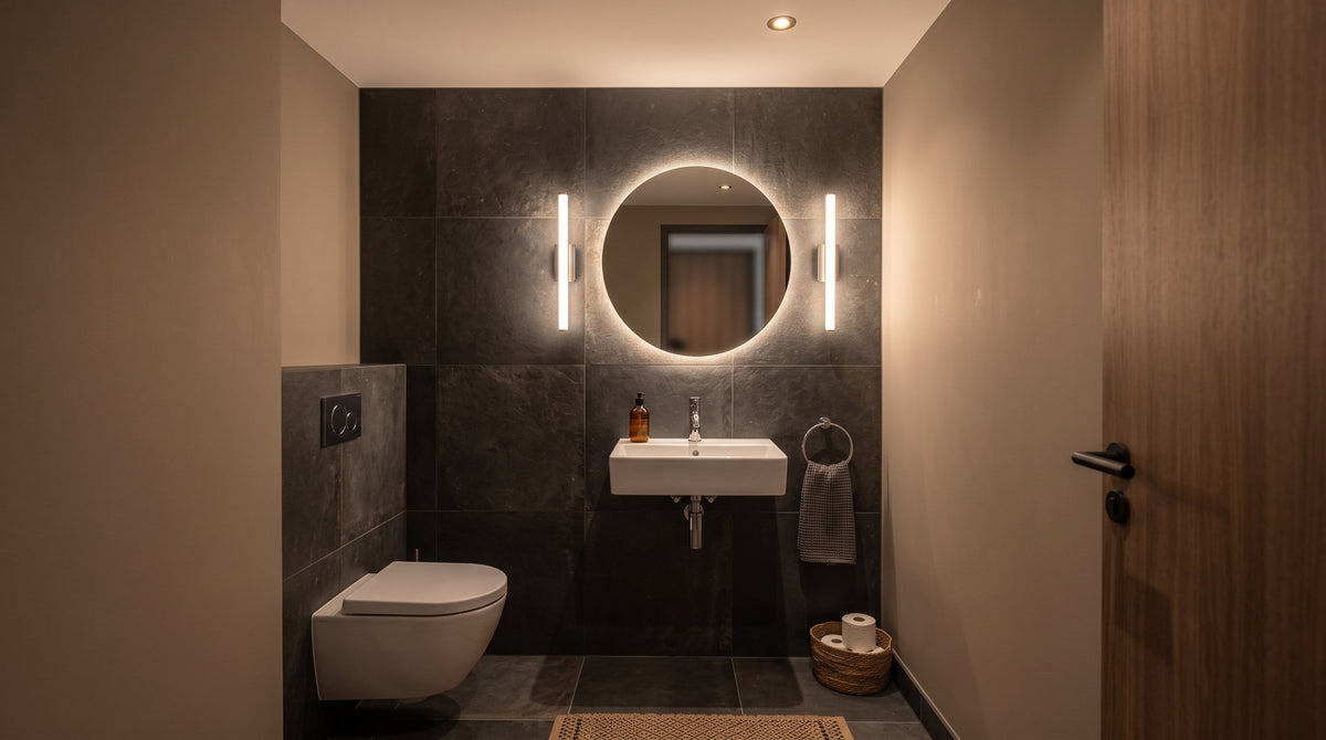 Kleines Gäste-WC mit warmem Spiegellicht und indirektem LED-Akzent