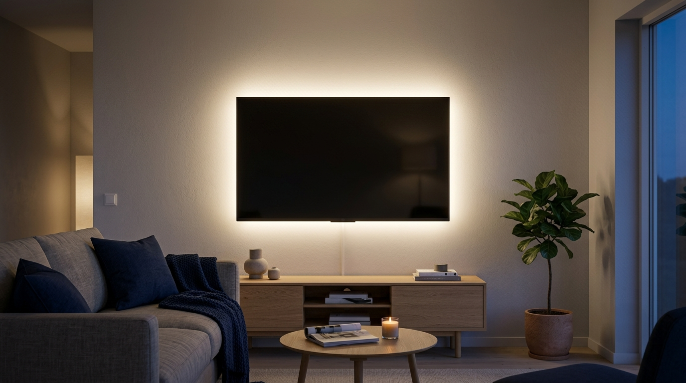 Wandmontierter Fernseher mit warmweißer LED-Hintergrundbeleuchtung im abgedunkelten Wohnzimmer
