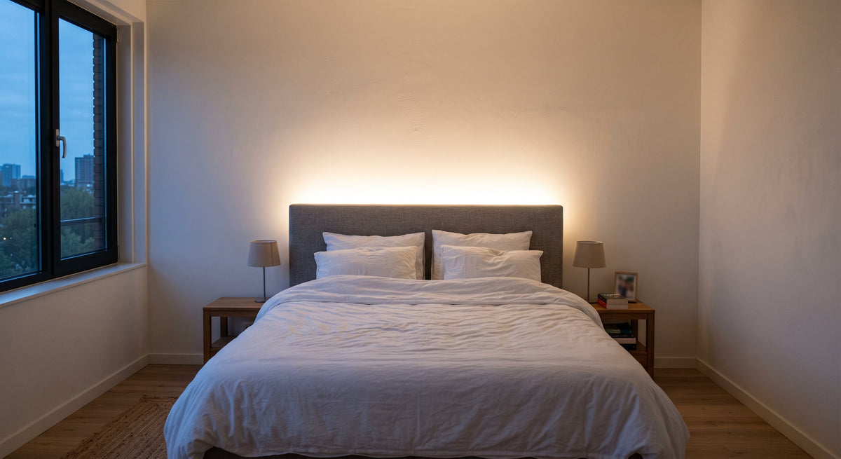 Indirektes Licht hinter dem Kopfteil eines Betts, warmer Lichtschein läuft weich an der Wand nach oben aus
