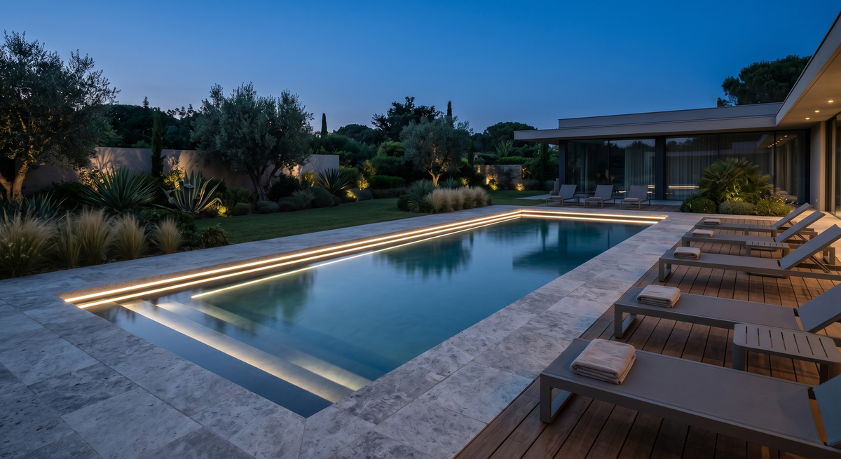 Moderner Pool am Abend mit warmweißer Unterwasserbeleuchtung durch IP68-LED-Streifen entlang der Beckenkante