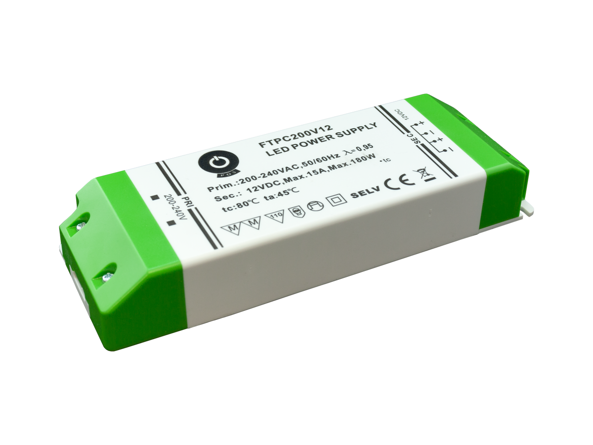Kompaktes LED-Netzteil der Serie FTPC200V von POS Power – baugleiches Gehäuse, Abbildung zeigt die 12-V-Variante