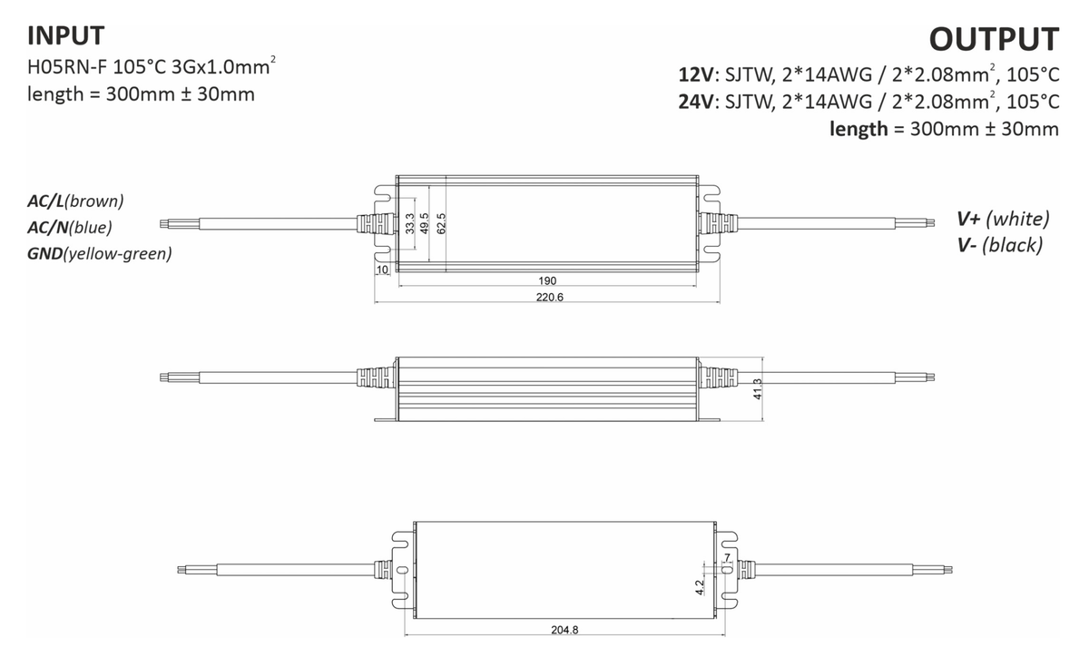 Maßzeichnung LED-Netzteil 24 V 240 W IP67 MCHQ240V24-GE von POS Power: 220,6 × 62,5 × 41,3 mm, Kabel je 300 mm