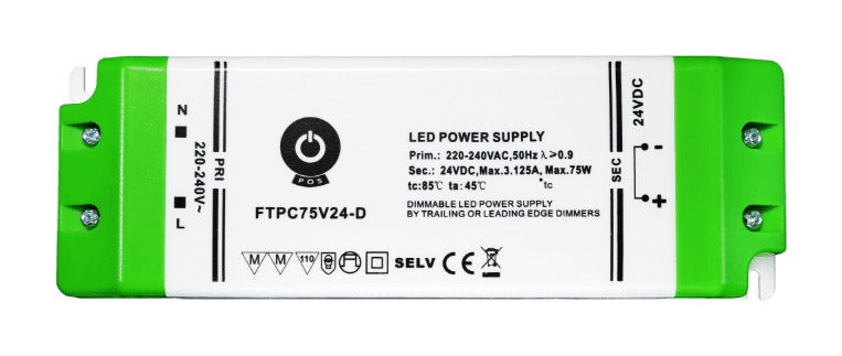 Dimmbares LED-Netzteil 24 V 75 W 3,125 A IP20 von POS Power, Modell FTPC75V24-D, für Phasenabschnitt- und Phasenanschnittdimmer