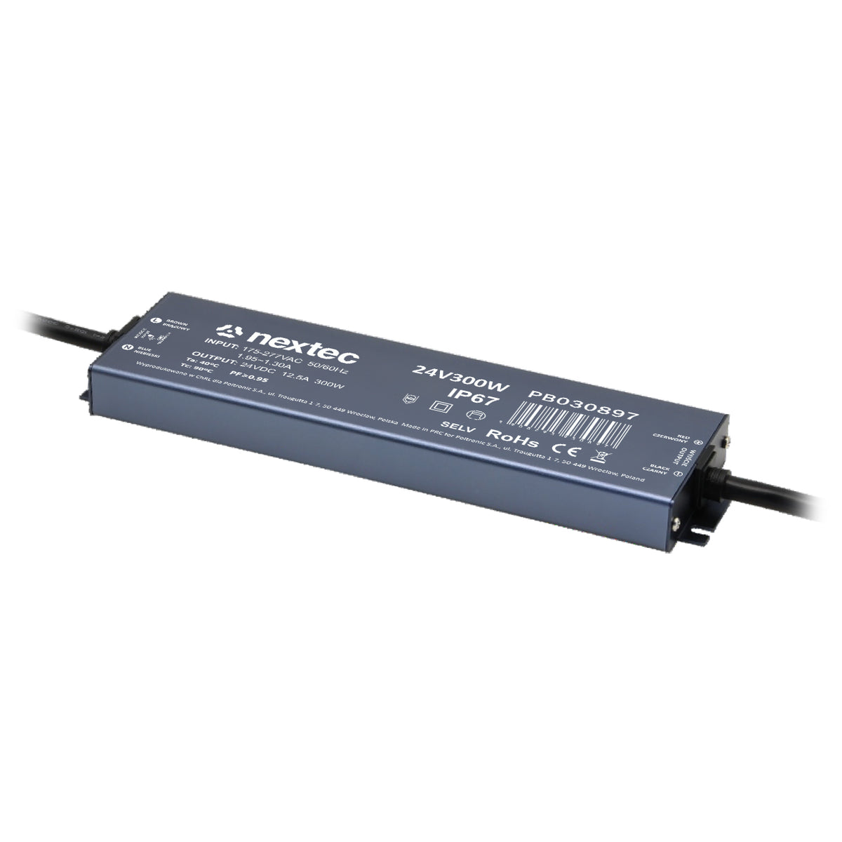 Wasserdichtes LED-Netzteil 24 V 300 W IP67 im flachen Aluminiumgehäuse mit Anschlusskabeln, 282 × 86 × 23,5 mm