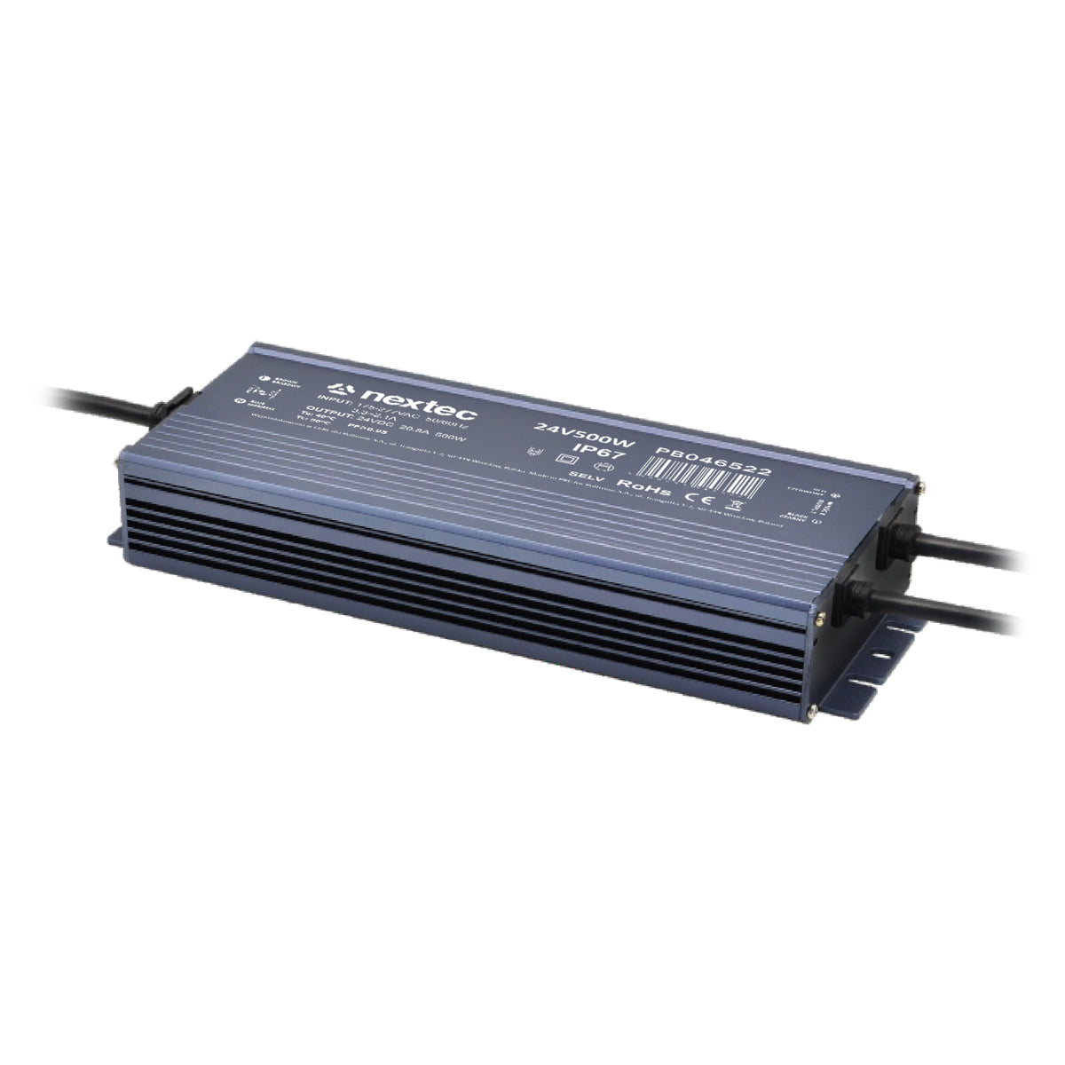 Wasserdichtes LED-Netzteil 24 V 500 W IP67 im flachen Aluminiumgehäuse mit Anschlusskabeln, 272 × 92 × 38 mm