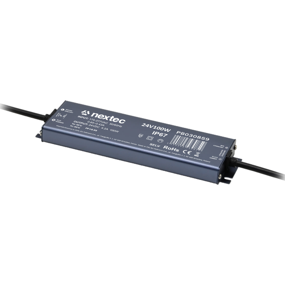 Wasserdichtes LED-Netzteil 24 V 100 W IP67 im flachen Aluminiumgehäuse mit Anschlusskabeln, 202 × 60 × 19 mm