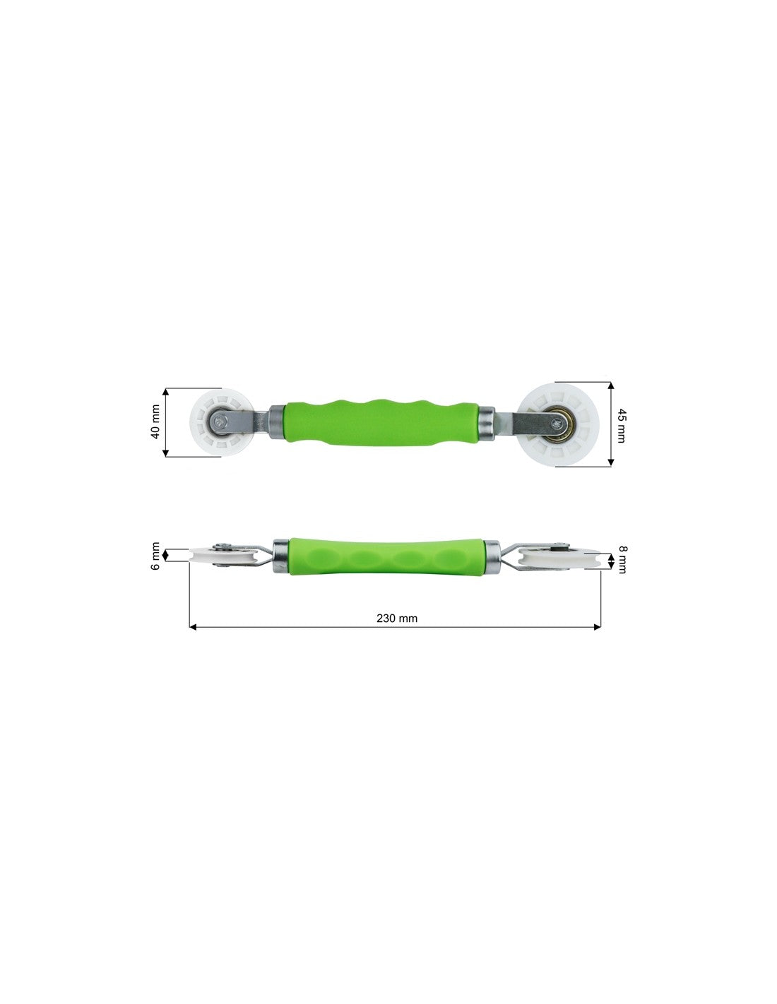 Maßzeichnung Andrückrolle: Länge 230 mm, Rollen Ø 40 mm × 6 mm und Ø 45 mm × 8 mm