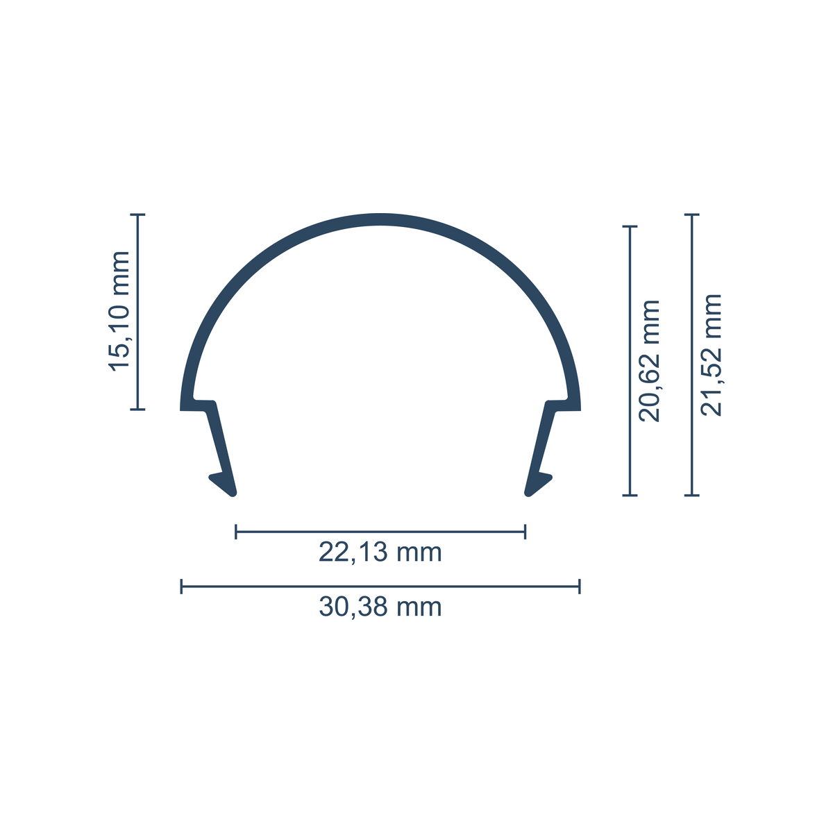 Maßskizze halbrunde Abdeckung für New York und Tokio: Breite 30,38 mm, Höhe 21,52 mm