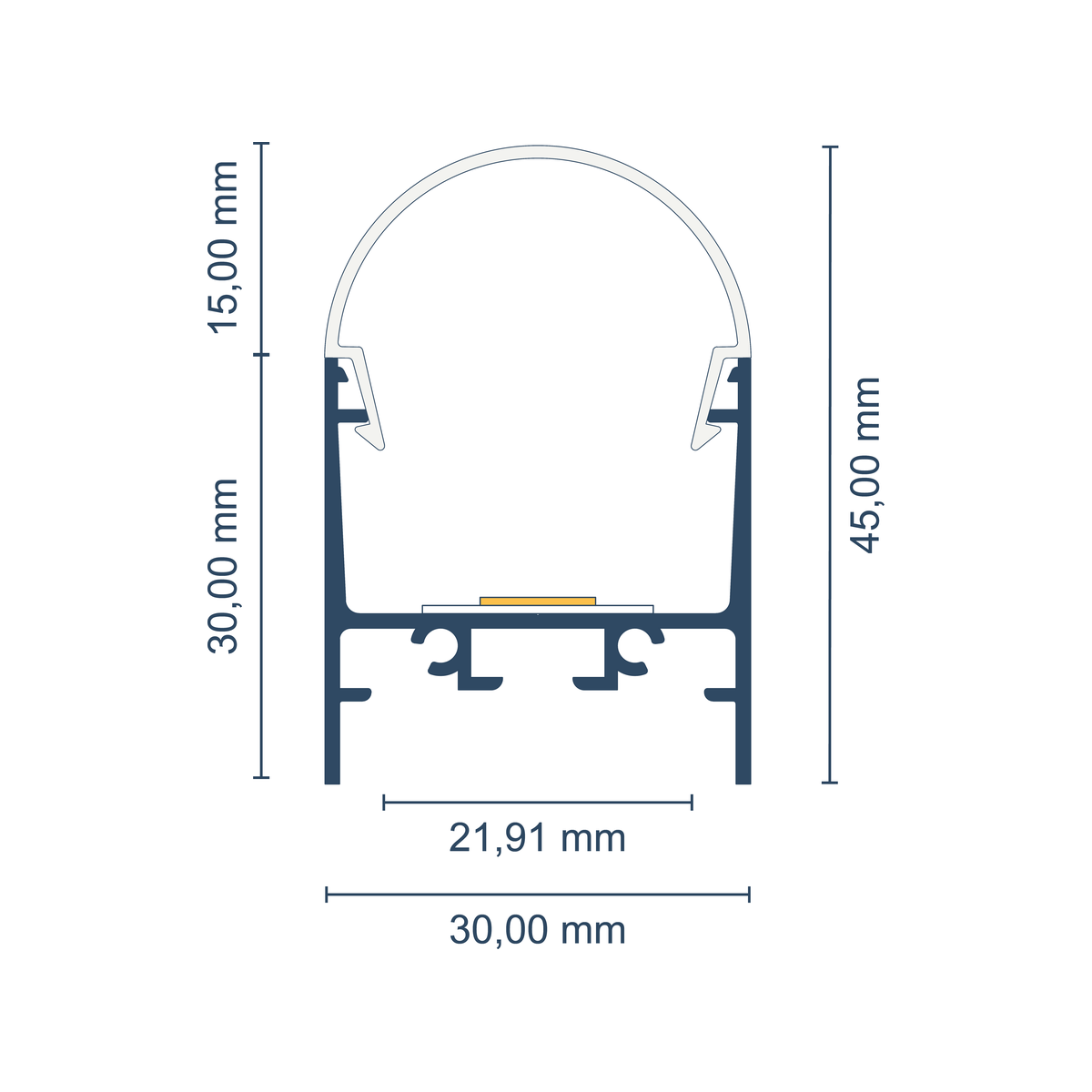 Maßskizze LED-Profil New York mit halbrunder Abdeckung: Gesamthöhe 45 mm, Breite 30 mm