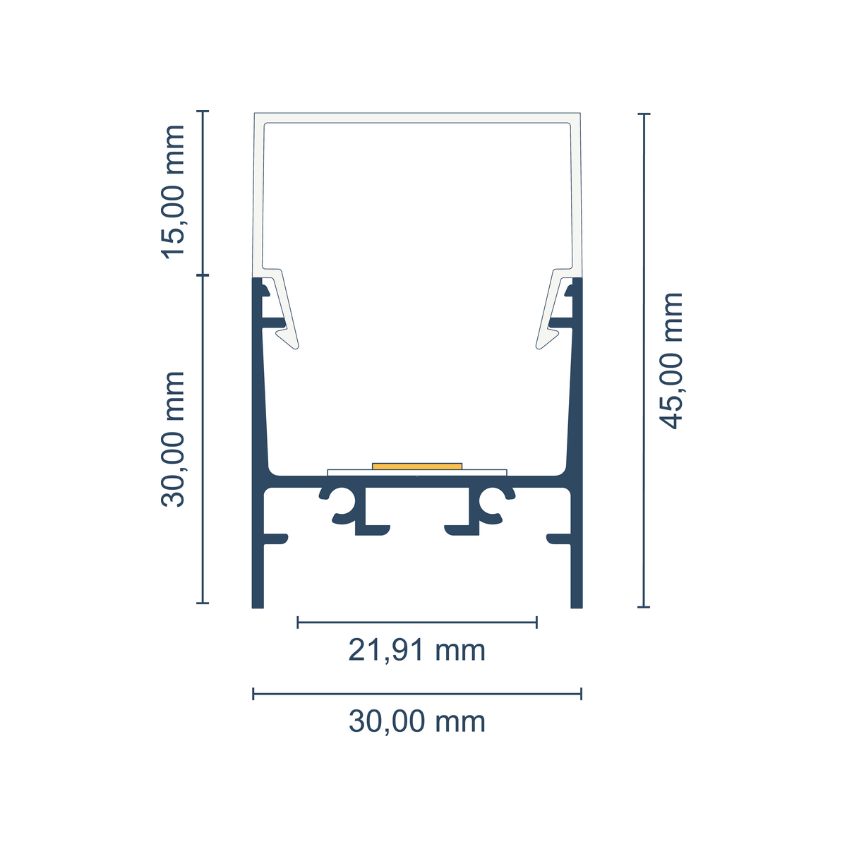 Maßskizze LED-Profil New York mit hoher Abdeckung: Gesamthöhe 45 mm, Breite 30 mm