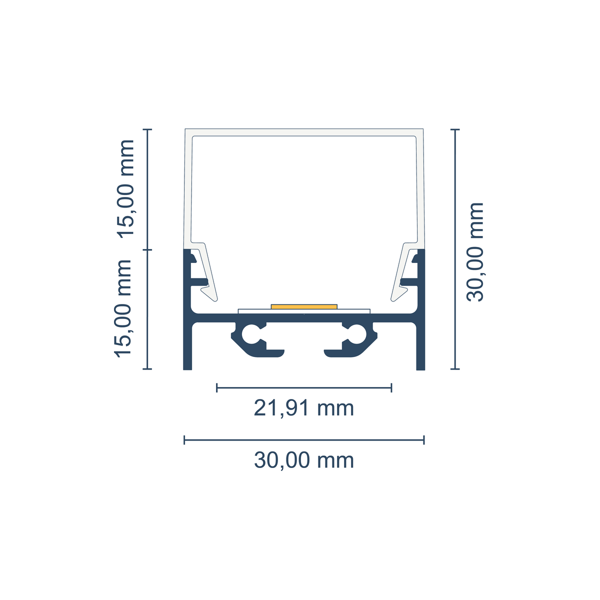 Maßskizze LED-Profil Tokio mit hoher Abdeckung: Gesamthöhe 30 mm, Breite 30 mm