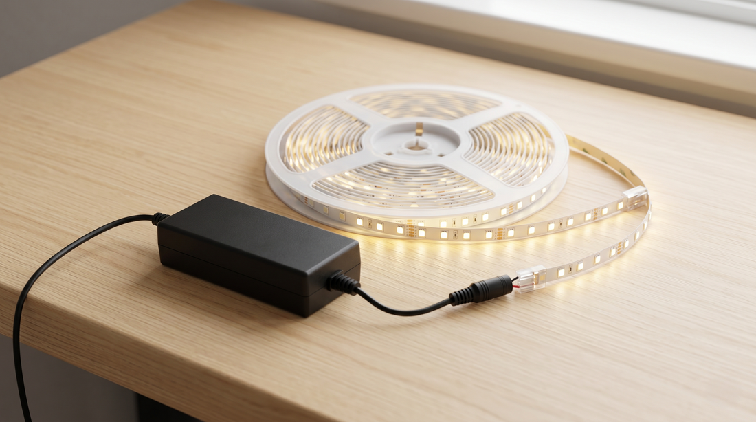 LED-Streifen-Rolle neben einem kompakten Netzteil auf einer Werkbank zur Veranschaulichung der Spannungswahl 12V oder 24V