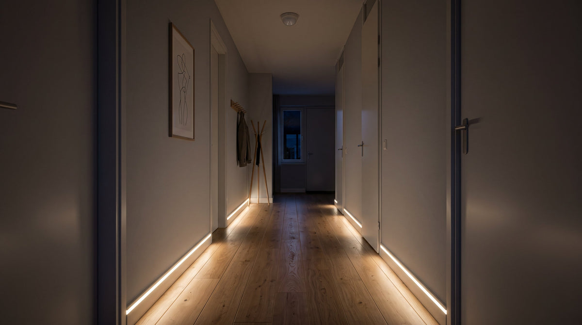 Nächtlicher Flur mit gedimmtem warmweißem LED-Streifen als bodennahes Orientierungslicht, ausgelöst durch einen Bewegungsmelder an der Decke