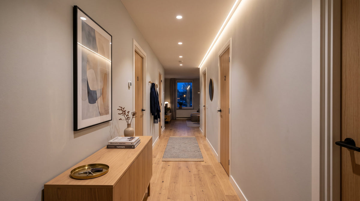 Modern beleuchteter Flur mit warmweißen Einbauspots und indirektem LED-Streifen an der Wandkante, der den schmalen Flur optisch weitet
