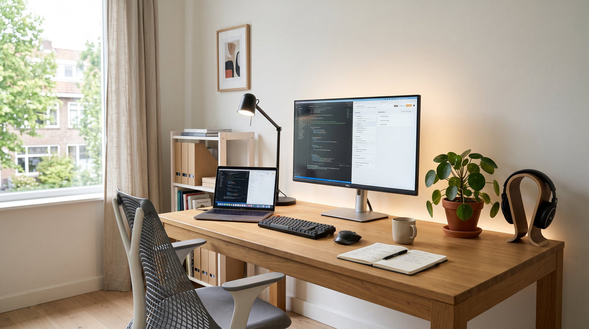 Modern beleuchtetes Home-Office mit Schreibtischleuchte seitlich am Arbeitsplatz und indirektem Bias-Light hinter dem Monitor, blendfrei und konzentrationsfördernd
