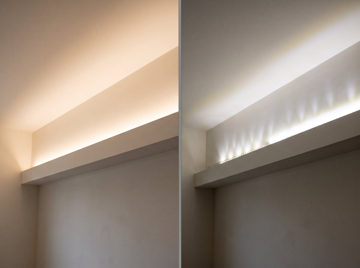 Vergleich: gleichmäßiges indirektes Licht gegenüber sichtbaren LED-Punkten