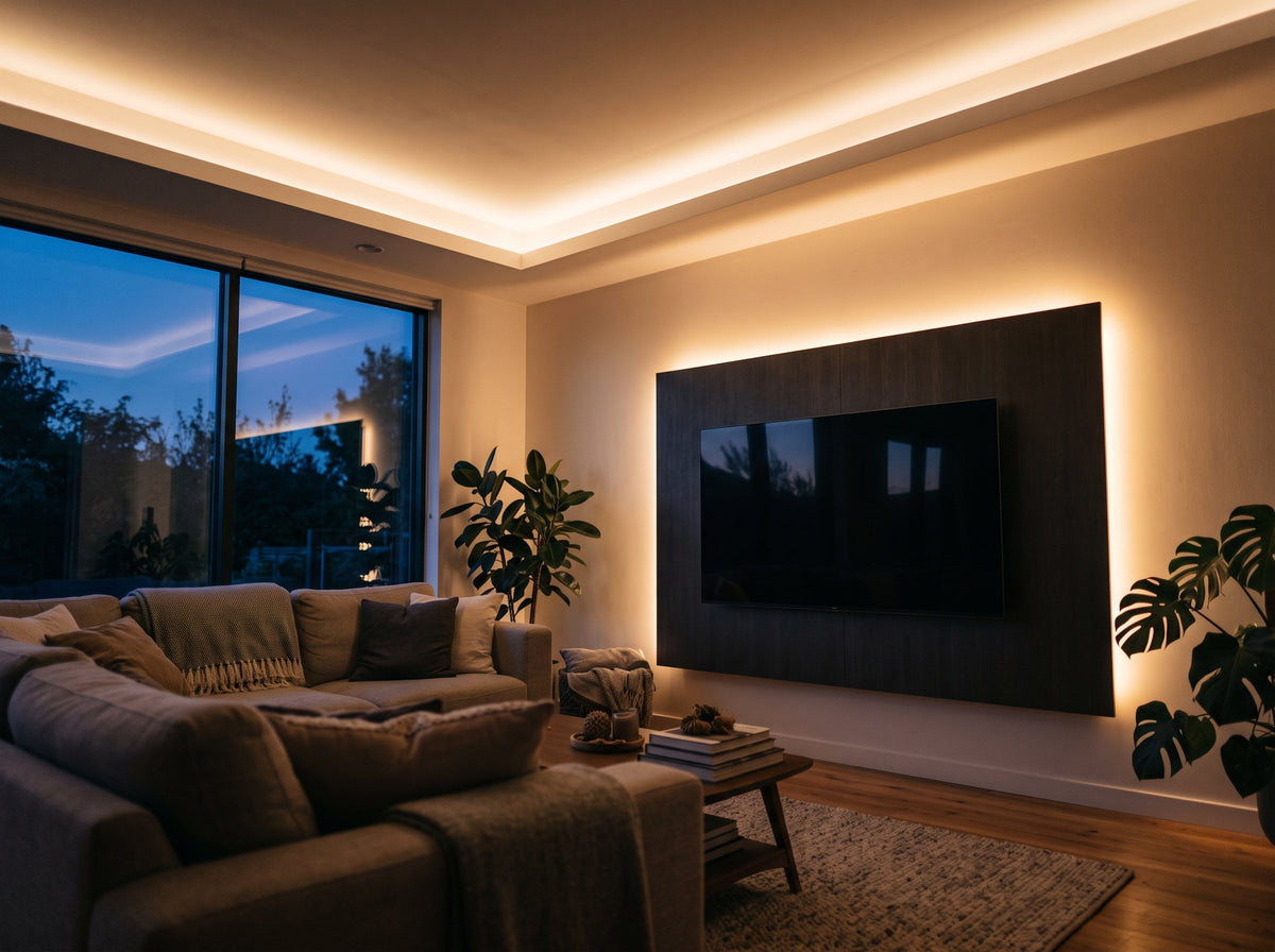 Wohnzimmer mit warmweißer indirekter LED-Beleuchtung an Decke und TV-Wand
