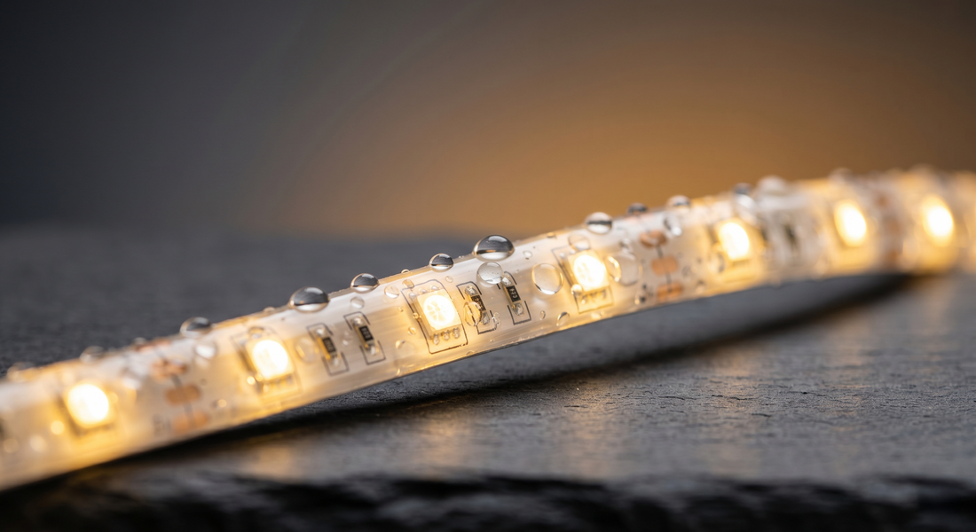 Wasserdichter LED-Streifen mit Silikon-Vollverguss und Wassertropfen auf der Oberfläche zur Veranschaulichung der IP-Schutzart