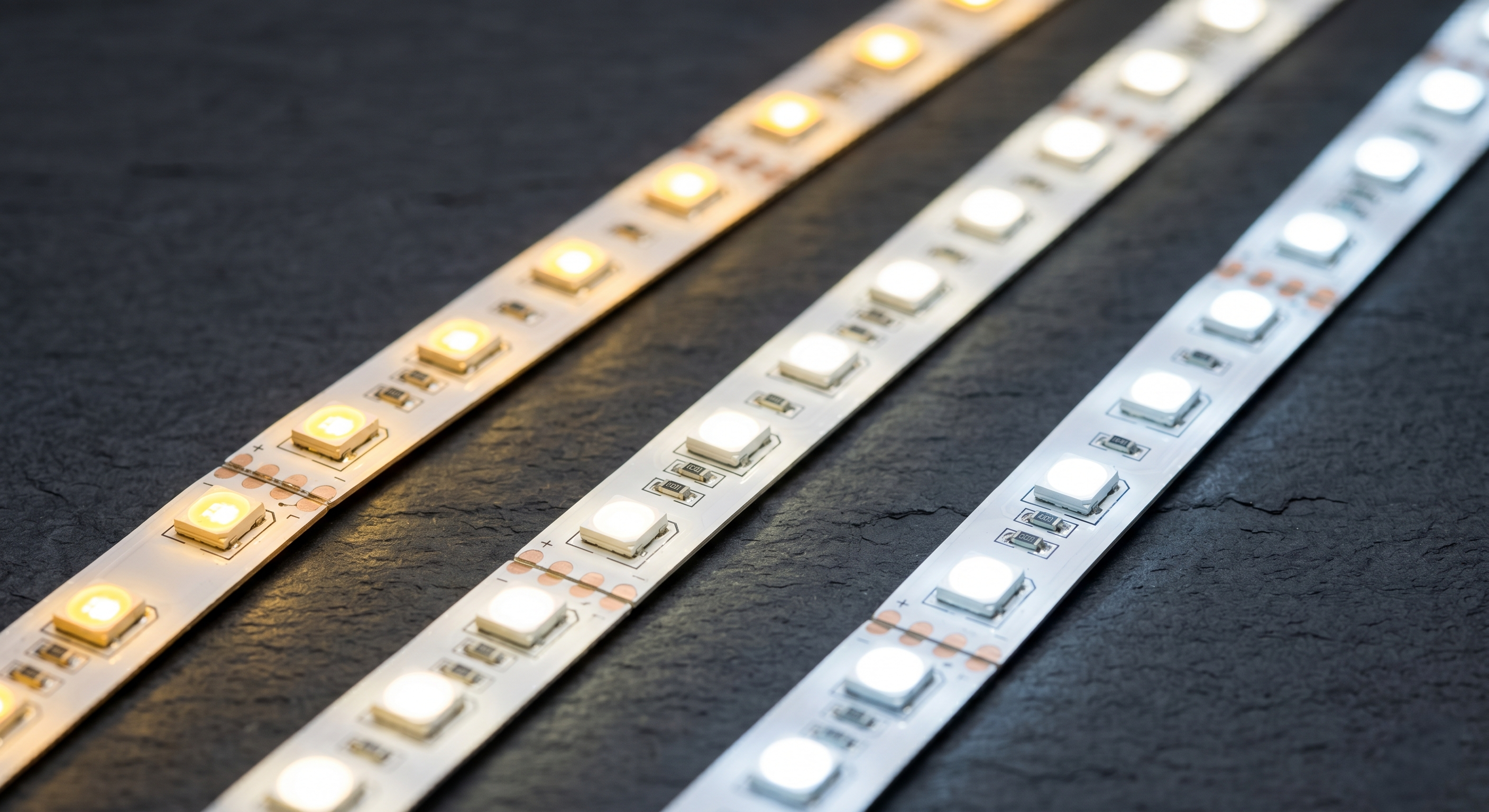 Drei LED-Streifen nebeneinander in Warmweiß, Neutralweiß und Kaltweiß zum direkten Vergleich der Lichtfarben