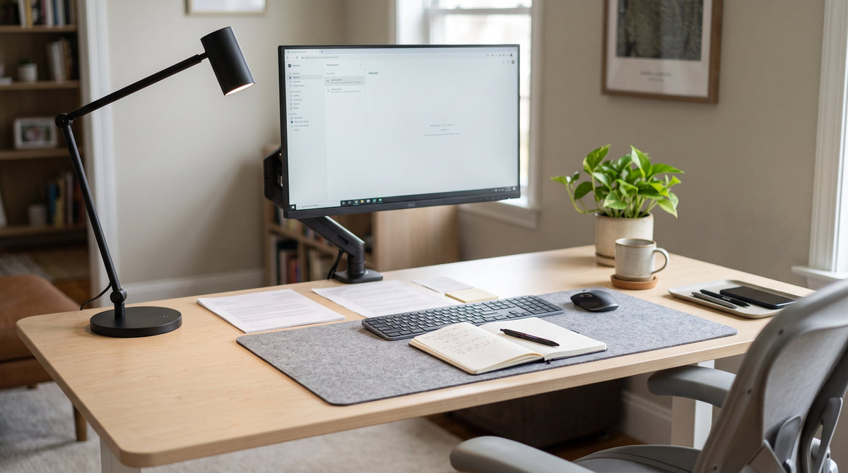 Moderner Schreibtisch mit Schreibtischleuchte seitlich der Schreibhand, die schattenfrei auf die Arbeitsfläche leuchtet