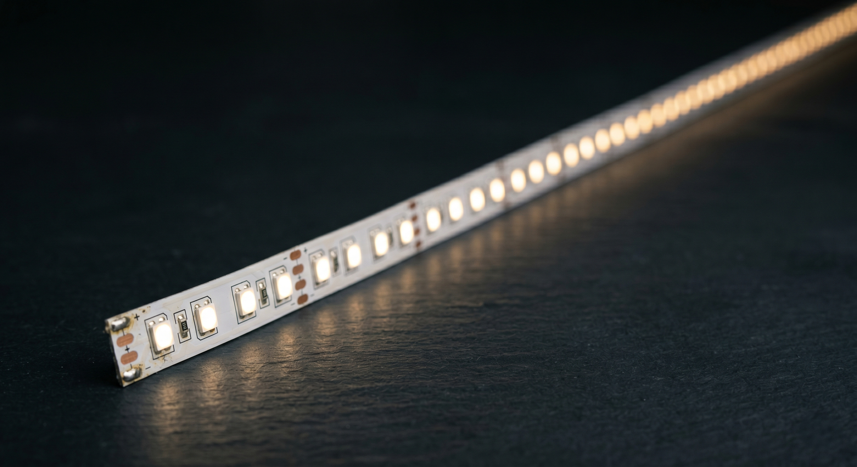 Langer LED-Streifen, der am Anfang hell und zum Ende hin sichtbar dunkler leuchtet, zur Veranschaulichung des Spannungsabfalls