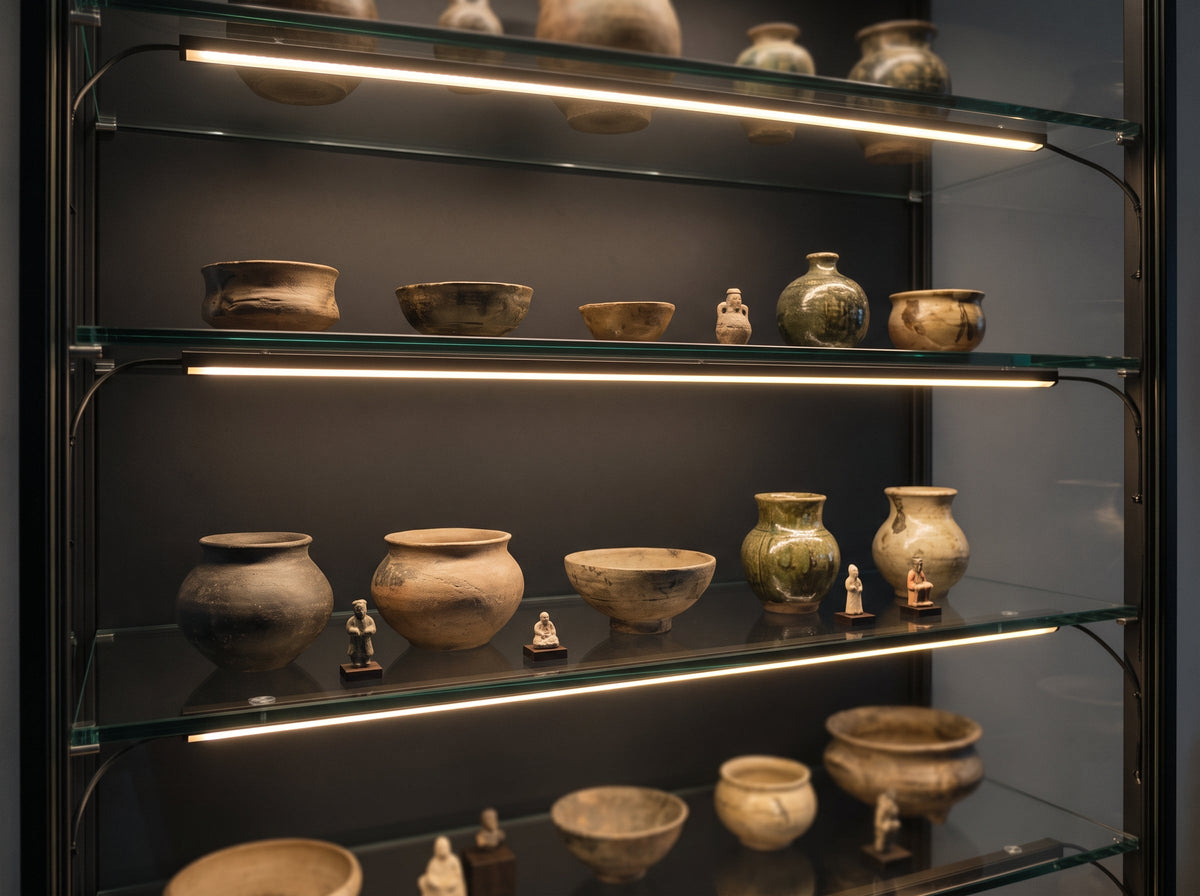 Glasvitrine mit von der Kante beleuchteten Glasböden und Sammlerstücken