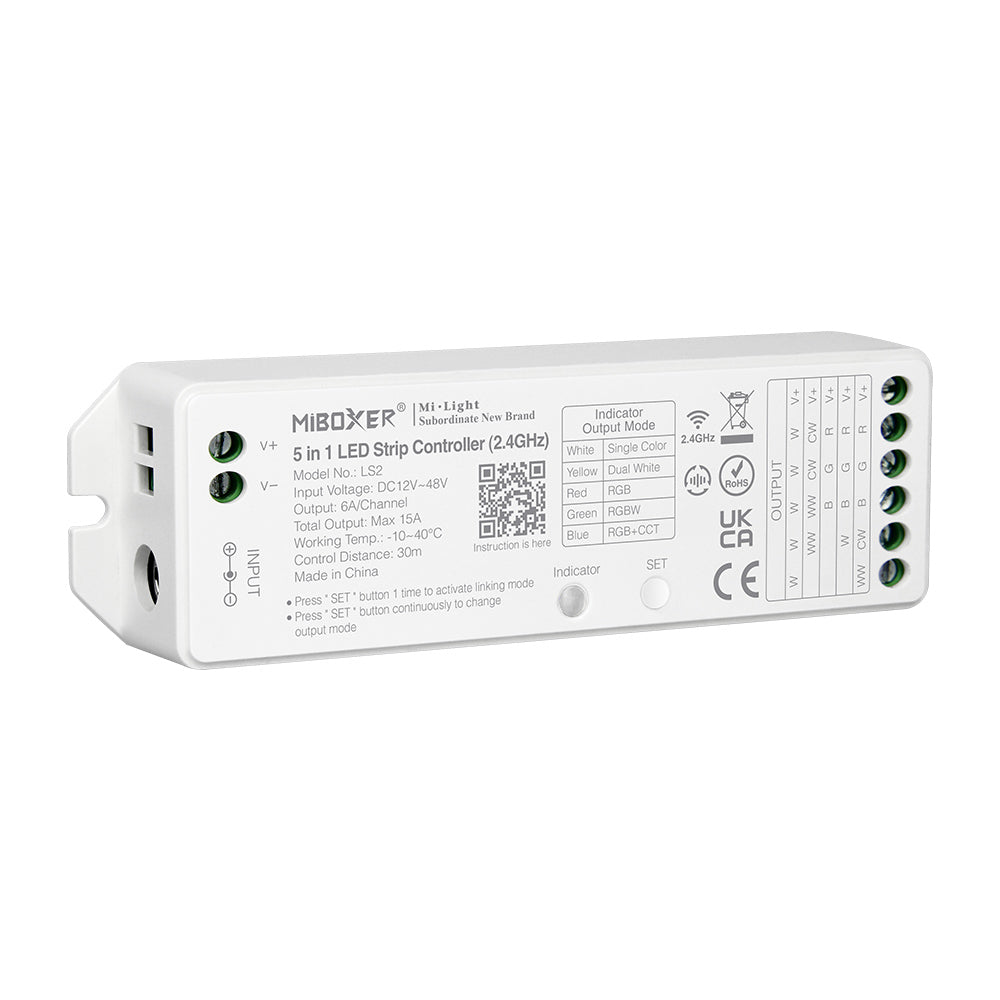 MiBoxer LS2 5-in-1-LED-Controller – Draufsicht mit Typenschild und Anschlussklemmen