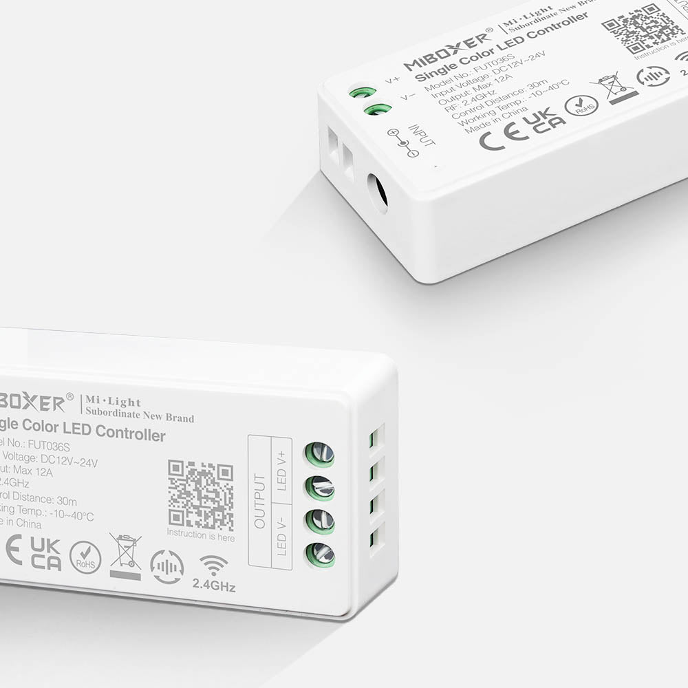 MiBoxer FUT036S Funk-LED-Controller einfarbig – Detailansicht von Eingang und Ausgang