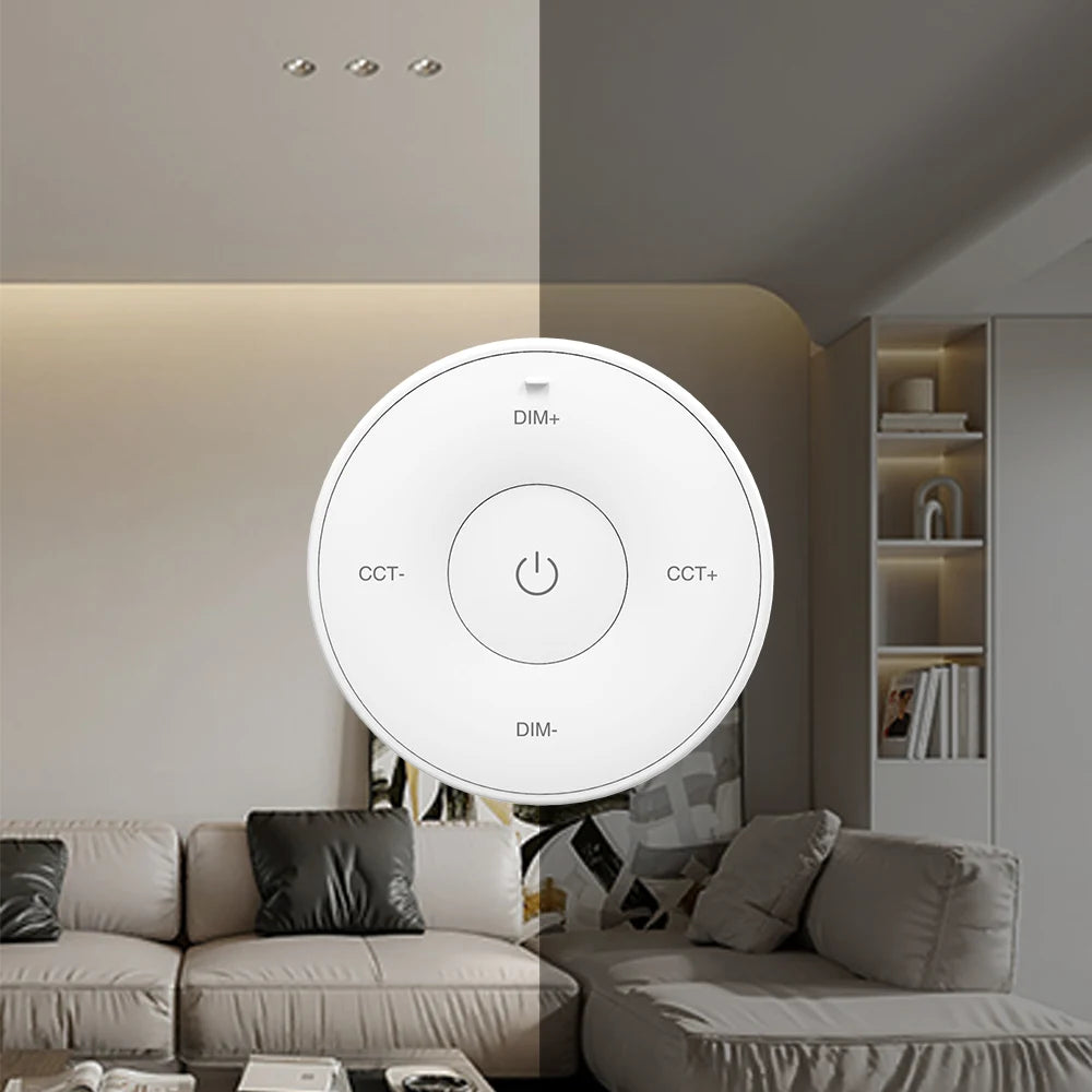 MiBoxer K2S Mini-Funkfernbedienung CCT in Weiß – im Wohnzimmer an der Wand