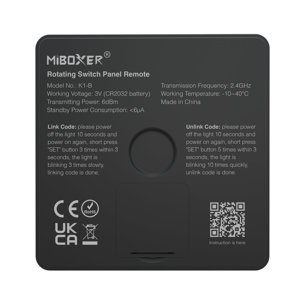MiBoxer K1-B Funk-Drehschalter 4 Zonen, CCT, in Schwarz – Rückseite mit Typenschild