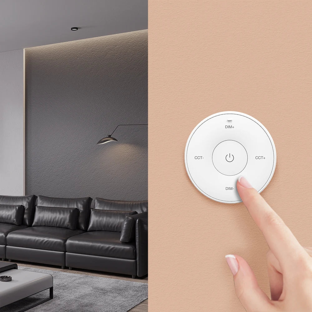 MiBoxer K2S Mini-Funkfernbedienung CCT in Weiß – an der Wand, Bedienung per Fingertipp