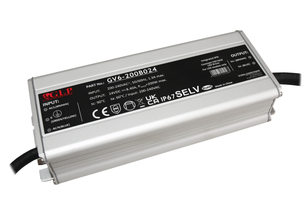 Wasserdichtes LED-Netzteil 24 V 200 W 8,4 A IP67 im Metallgehäuse von GLP, Modell GV6-200B024
