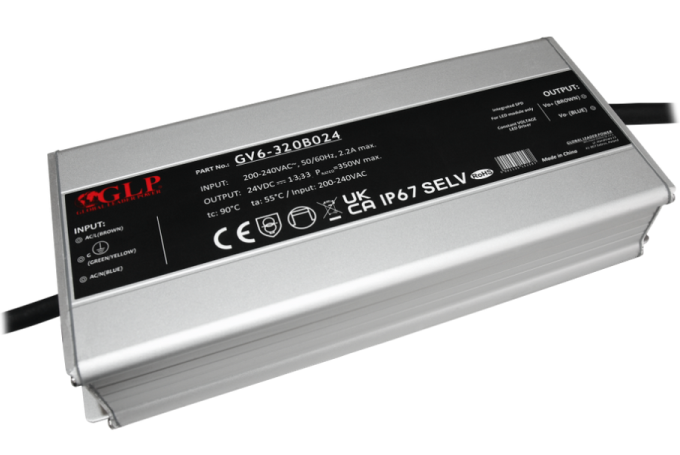 Wasserdichtes LED-Netzteil 24 V 320 W 13,4 A IP67 im Metallgehäuse von GLP, Modell GV6-320B024
