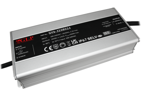 Wasserdichtes LED-Netzteil 24 V 320 W 13,4 A IP67 im Metallgehäuse von GLP, Modell GV6-320B024