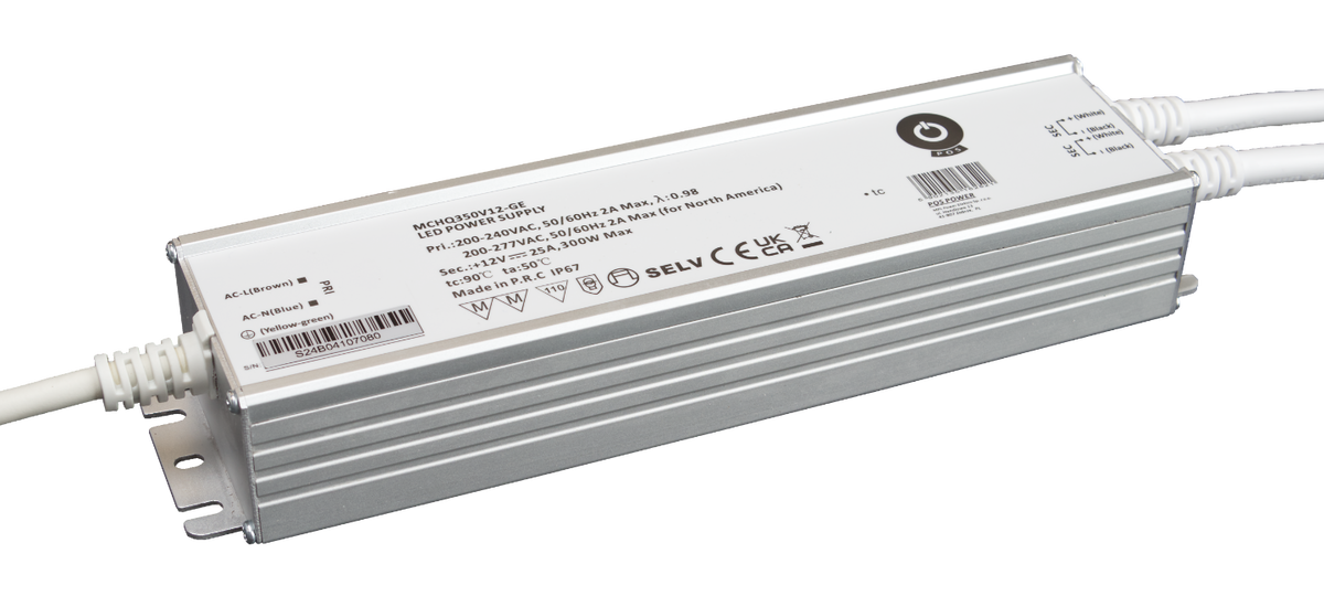 Wasserdichtes LED-Netzteil der Serie MCHQ350V-GE von POS Power im IP67-Metallgehäuse – baugleich, Abbildung zeigt die 12-V-Variante