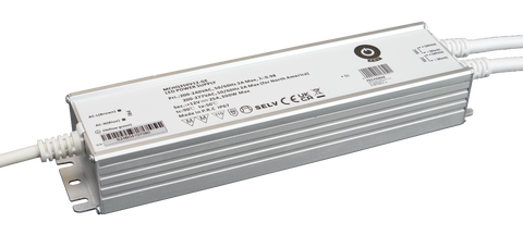 Wasserdichtes LED-Netzteil der Serie MCHQ350V-GE von POS Power im IP67-Metallgehäuse – baugleich, Abbildung zeigt die 12-V-Variante