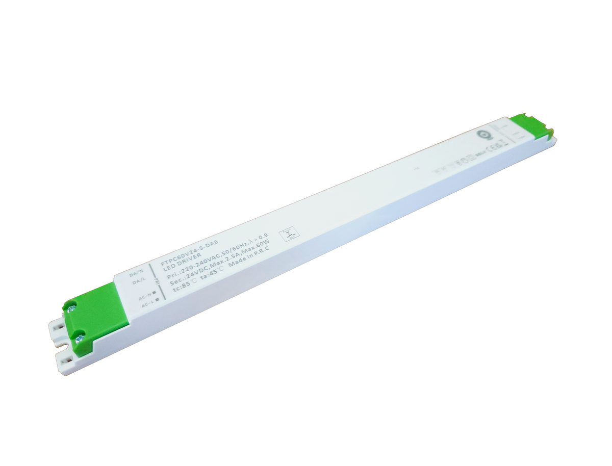 Schmales DALI-Netzteil 24 V 60 W 2,5 A mit DALI-2 DT6 und Push-Dimmen von POS Power, Modell FTPC60V24-S-DA6