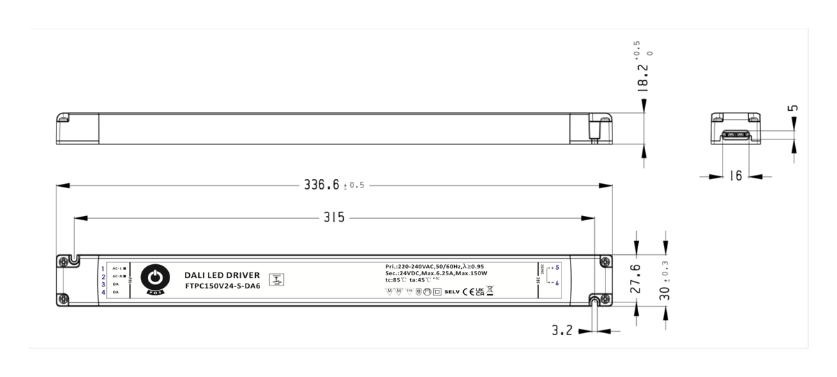 Maßzeichnung DALI-Netzteil 24 V 150 W FTPC150V24-S-DA6 von POS Power: 336,6 × 30 × 18,2 mm