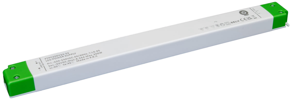 Schlankes LED-Netzteil der Serie FTPC200V-S3 von POS Power – baugleiches Gehäuse, Abbildung zeigt die 24-V-Variante