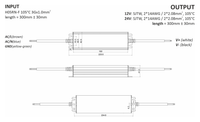 Maßzeichnung LED-Netzteil 24 V 240 W IP67 MCHQ240V24-GE von POS Power: 220,6 × 62,5 × 41,3 mm, Kabel je 300 mm