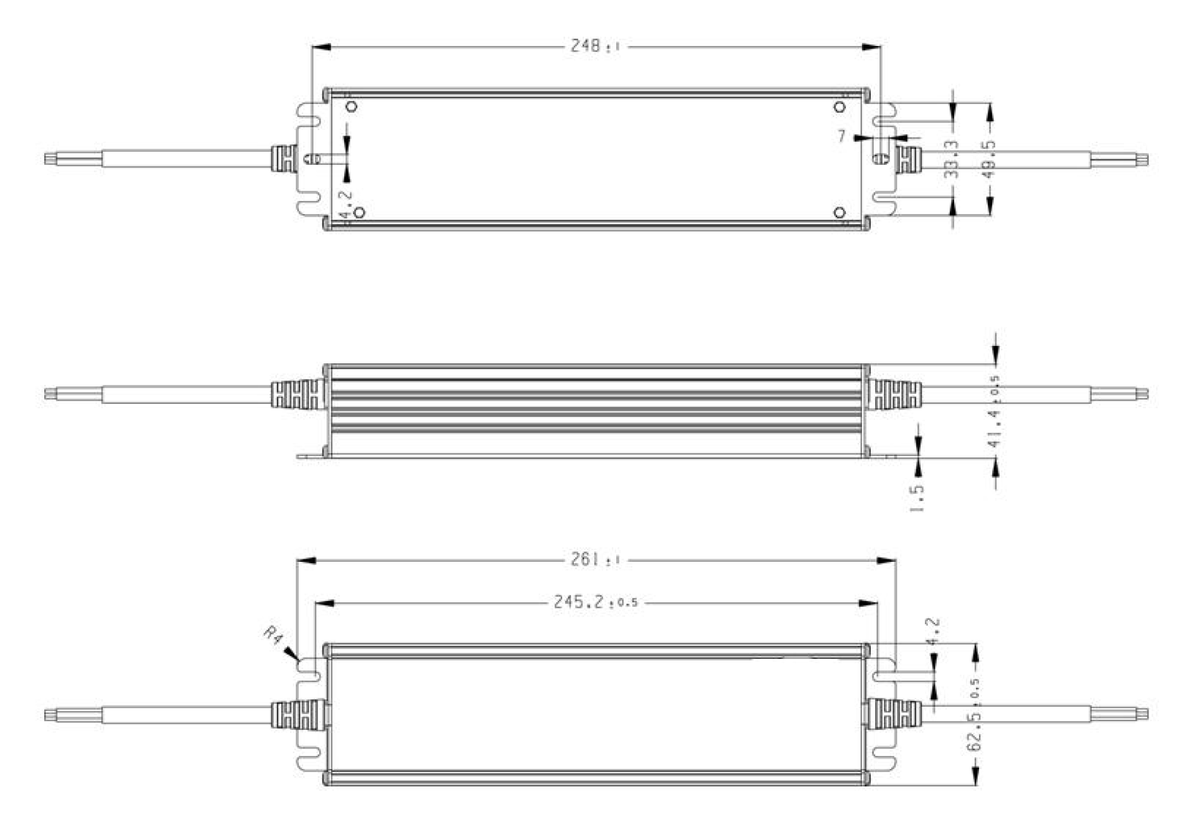 Maßzeichnung LED-Netzteil 24 V 350 W IP67 MCHQ350V24-GE von POS Power: 261 × 62,5 × 41,4 mm
