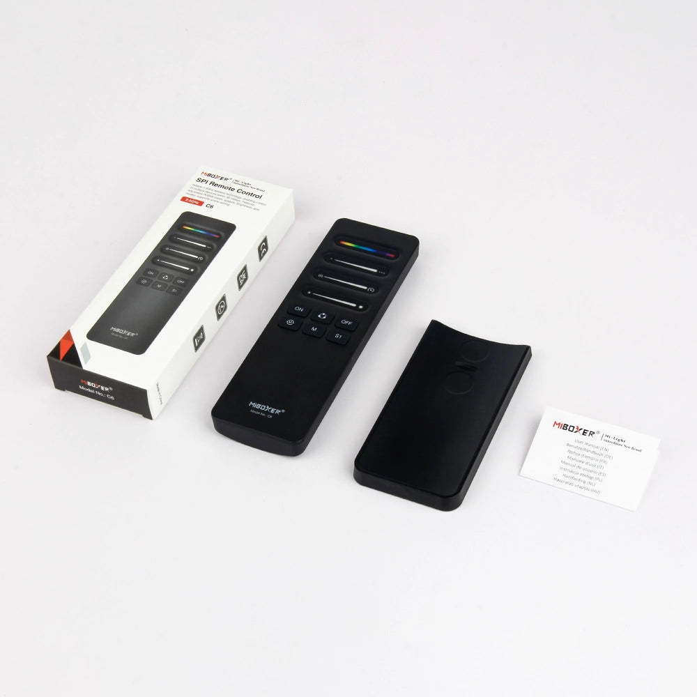 MiBoxer C6 SPI-Funkfernbedienung – Lieferumfang mit Verpackung, Halter und Anleitung