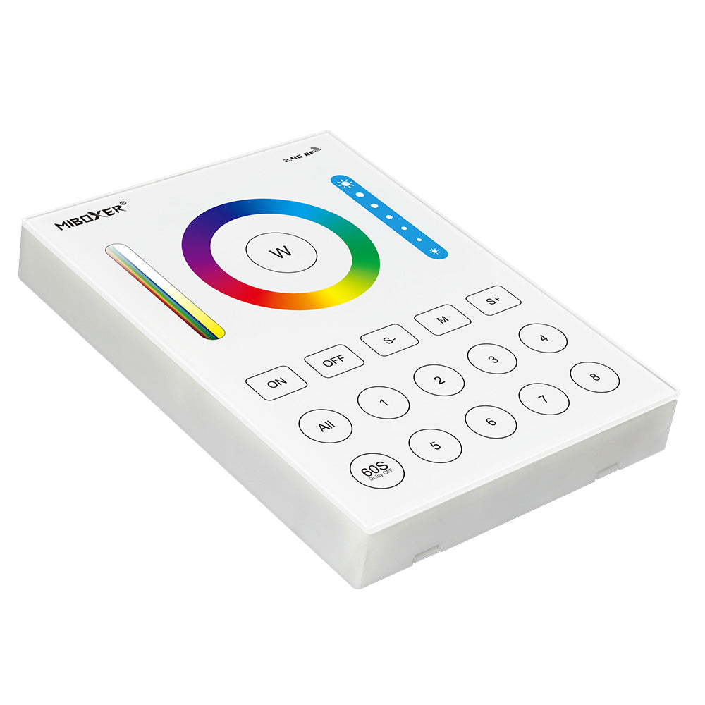 MiBoxer B8 Wand-Funkfernbedienung 8 Zonen, RGB+CCT, in Weiß – liegend, Schrägansicht
