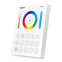 MiBoxer B8 Wand-Funkfernbedienung 8 Zonen, RGB+CCT, in Weiß – Schrägansicht mit Farbring und 8 Zonentasten