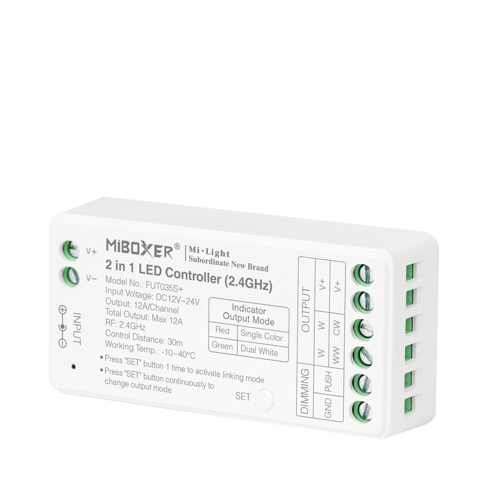 MiBoxer FUT035S+ Funk-LED-Controller 2-in-1, Einfarbig & Dual-White – Draufsicht mit Typenschild