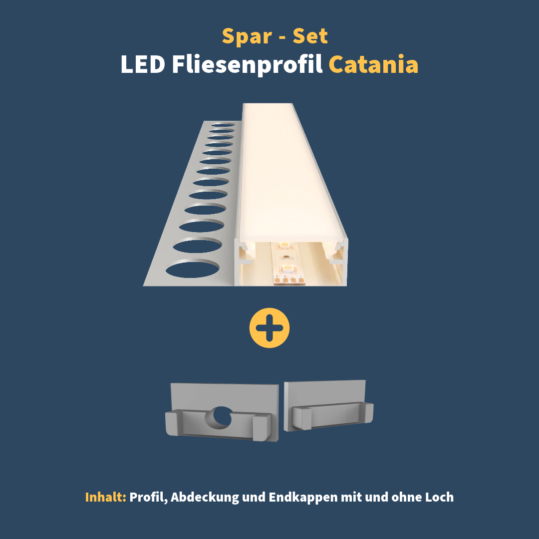 LED Fliesenprofil Catania Set | inkl. Abdeckung und Endkappen | für LED‑Streifen bis 16 mm