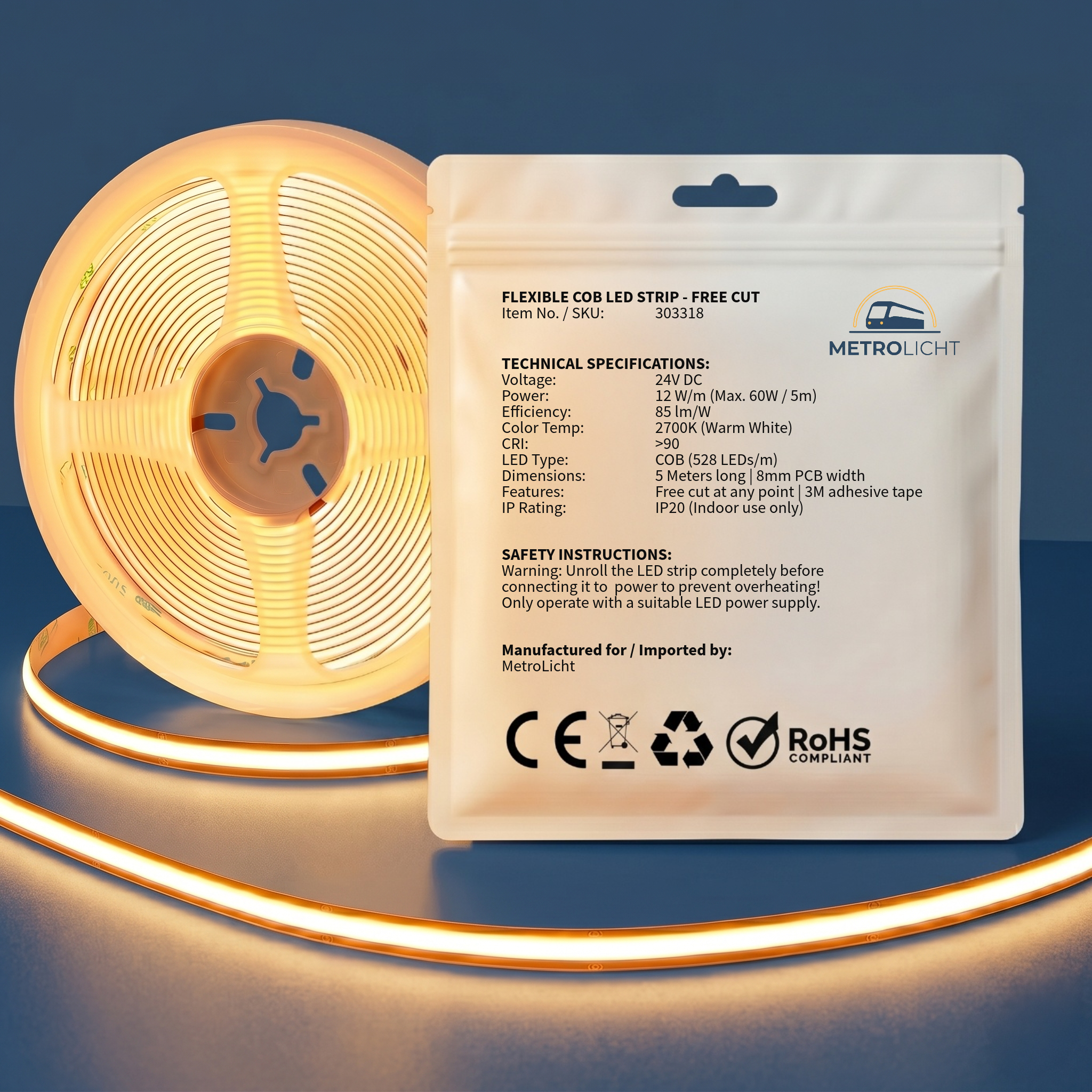 MetroLicht COB LED Streifen 24V | 5m Rolle | Warmweiß 2700K | Free Cut | 12 W/m | 1200 lm/m