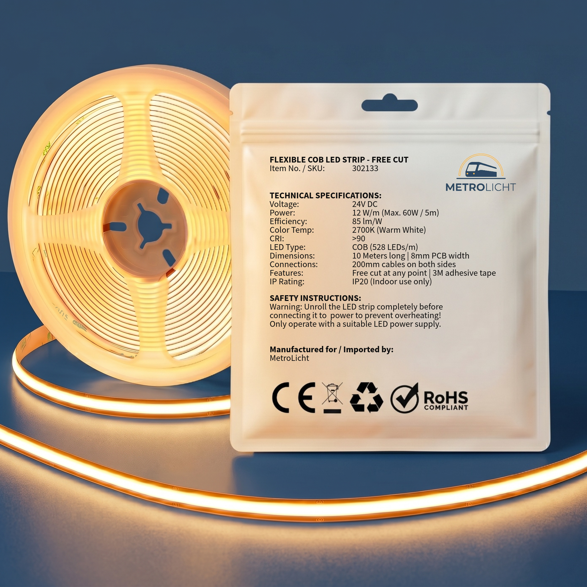 MetroLicht COB LED Streifen 24V | 10m Rolle | Warmweiß 2700K | Free Cut | 12 W/m | 1200 lm/m